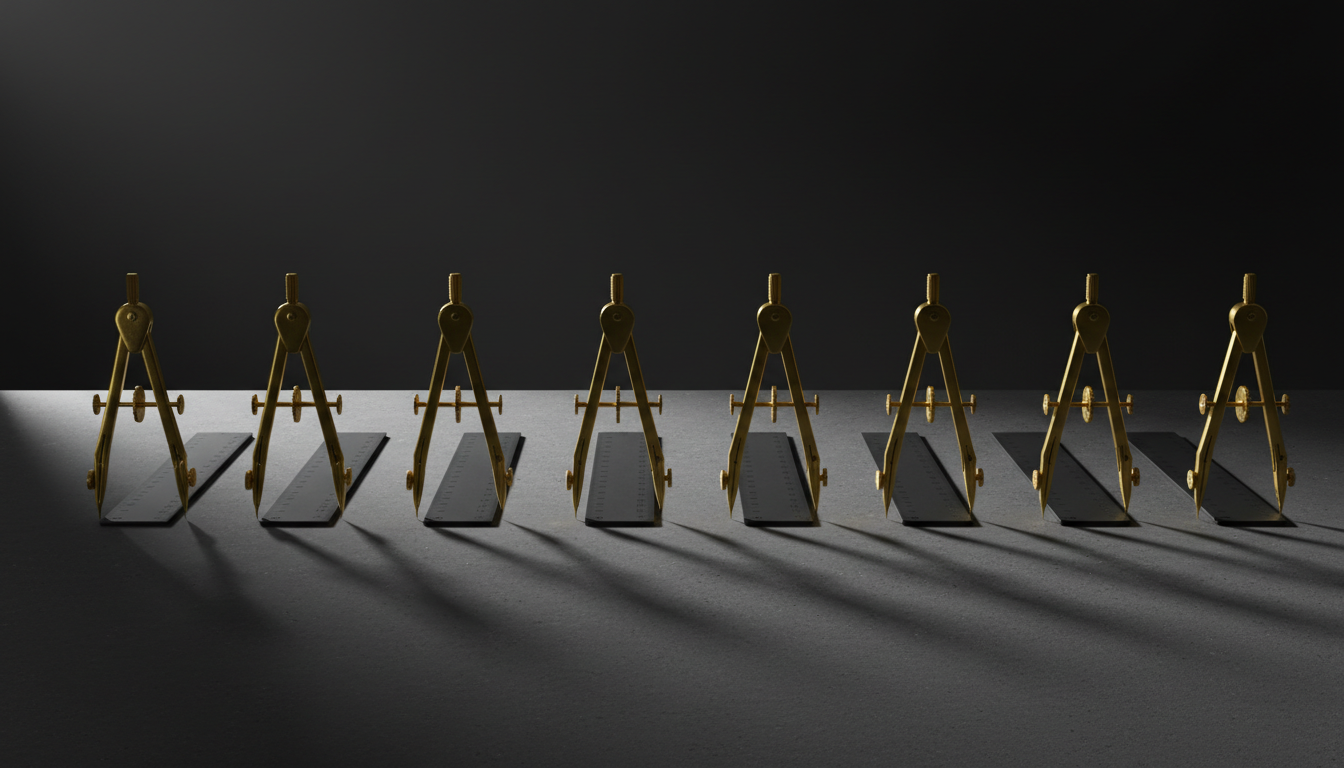 A minimalist row of glossy, gold-plated compasses and matte graphite rulers, arranged with militaristic symmetry on a slate-gray composite tabletop. The setting is uncluttered, isolating the instruments against a softly fading dark gradient background. Intense, focused side lighting carves crisp highlights along the metallic edges and casts powerful, directional shadows, creating a sense of clarity and unwavering direction. Shot head-on with perfect alignment and deep, dramatic focus, the composition carries a sense of unwavering discipline, executive precision, and mentorship aimed at impactful results. Photographic realism with ultra-clean lines reinforces the theme of guidance and growth.