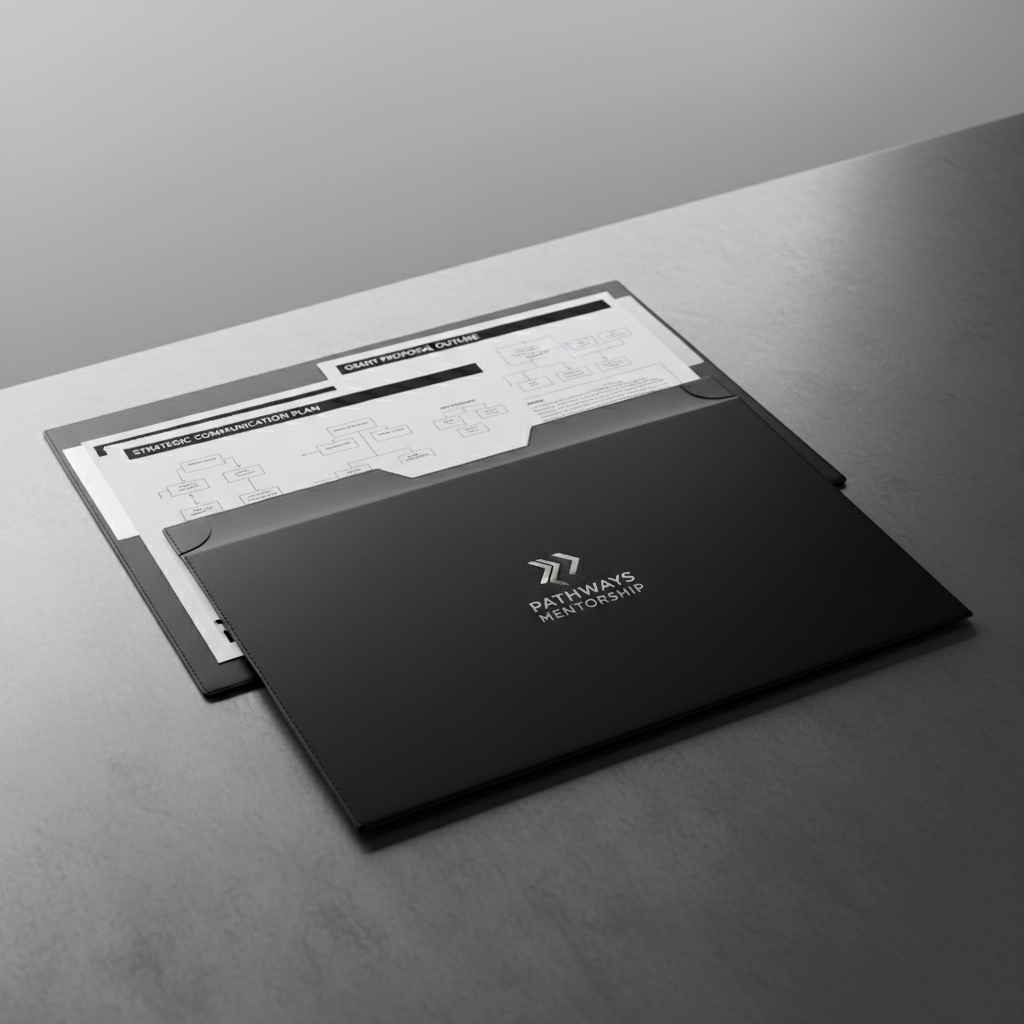 A streamlined, high-gloss black presentation folder slightly opened to reveal crisp printed documents with sharp graphics, set on a brushed aluminum surface. The minimalist, neutral background erases all distractions, while dramatic split lighting from two opposing sources carves precise shadows and luminous highlights along the folder’s contours and the foil-stamped logo. The composition is tightly cropped at a low, angled perspective, drawing focus to the tools of strategic communication and grant writing. The aesthetic is modern, executive, and imposing, in keeping with the business-first, high-impact approach of Pathways Mentorship.