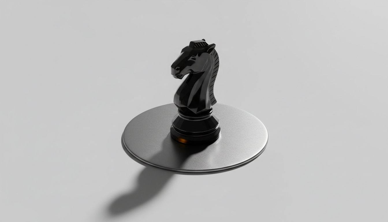A single, polished obsidian chess knight standing atop a seamless steel disc, set against a minimalist matte white background with no extraneous detail. The bold knight, its facets catching the harsh angle of directional studio lighting, casts a long, clear-edged shadow, symbolizing strategic thinking and powerful leadership. The image is shot from a slightly elevated position, centered in the frame, highlighting the solitary focus and intention of executive mentorship. The overall mood is bold and contemplative, with photographic sharpness and minimalist artistic style reinforcing the seriousness and clarity of purpose for mentors and consultants.
