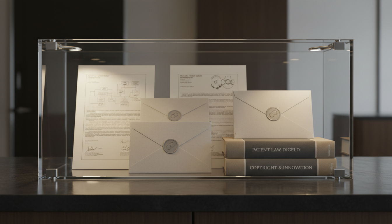 A close-up view of an elegant glass display case containing neatly arranged intellectual property documents, sealed envelopes embossed with a subtle logo, and hardbound legal volumes in muted taupe and charcoal. The display sits atop a flawless slate counter with a structured, rectangular silhouette. Focused accent lighting within the case creates controlled highlights and minimal reflections, providing exceptional clarity for document textures and embossed details. The mood is secure and professional, projecting trust in legal expertise. Captured from a low, frontal angle with centered composition and sharp focus, the image maintains a cinematic, corporate aesthetic to reinforce the business’s authority in intellectual property protection.
